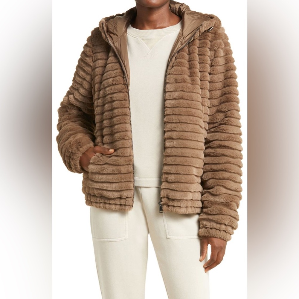 Zella Corded & Hooded Faux Fur Jacket in Brown Falcon From Nordstrom